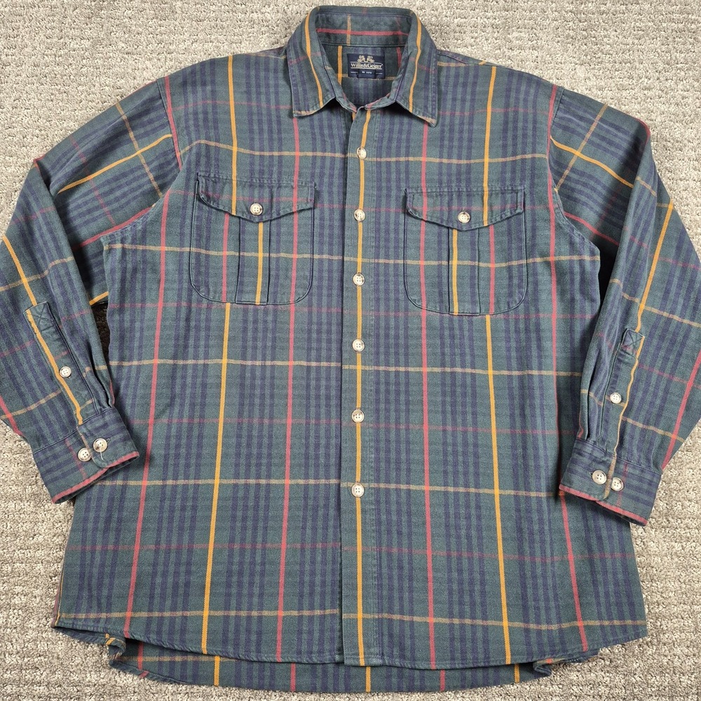 Vintage Willis & Geiger Shirt Mens L Green Plaid Flannel Herringbone Heavyweight